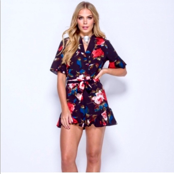 Pants - NWT! Floral Wrap Romper - Black